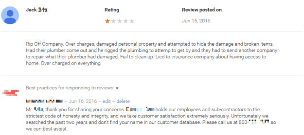 negative review and response